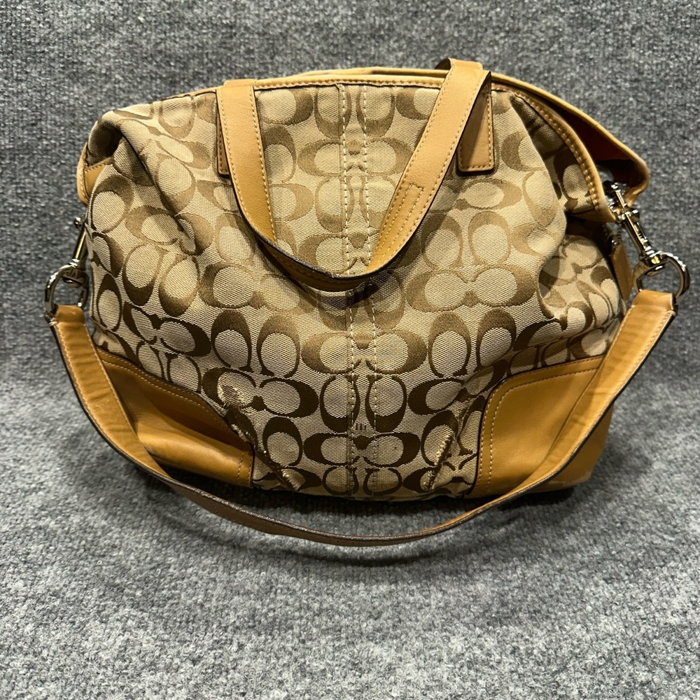 Coach Signature Shoulder Bag in Khaki and Tan Leather Trim PY0105